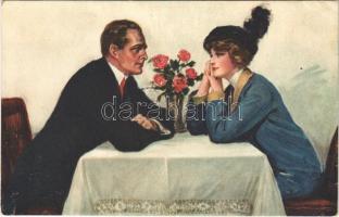Romantic couple, lady art postcard (EK)