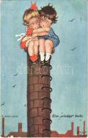 1922 Eine windige Stelle / A windy point. Children art postcard. No. 633. s: Chicky Spark (EK)