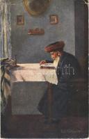 Szombati elmélkedés / Sabbatlektüre / Lektura szabasowa / Judaica art postcard. F.H. & S. W. IX. Nr. 463. s: K. O. Belawski (EB)