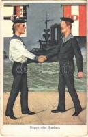 Siegen oder Sterben / WWI German and Austro-Hungarian Navy art postcard, K.u.K. Kriegsmarine, Viribus Unitis propaganda, naval flags, battleship, mariners shaking hands. B.K.W.I. 259-43. s: Widlizka (kopott sarkak / worn corners)