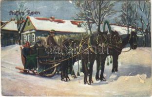 1916 Russen Typen / Russian folklore art postcard, troika pulled by 3 horses in winter + Oberbefehlshaber Ost. (EB)