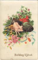 1929 Boldog Újévet! / New Year greeting art postcard, pig with clovers and coins (EK)