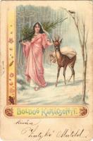 1900 Boldog Karácsonyt! / Christmas greeting art postcard, deer in the snow. Art Nouveau, litho (EM)