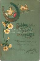 1901 Boldog Húsvéti Ünnepeket! / Easter greeting art postcard, chicken with eggs and horseshoe. Emb. litho (EK)