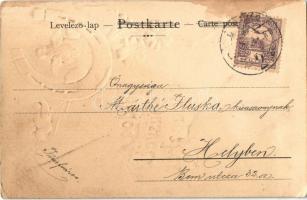 1901 Boldog Húsvéti Ünnepeket! / Easter greeting art postcard, chicken with eggs and horseshoe. Emb....