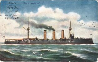 HMS Donegal, Royal Navy armoured cruiser. Raphael Tuck & Sons Oilette Our Ironclads Series IV. Postcard 9109. (fa)