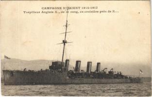 1918 Campagne dOrient 1914-1917. Torpilleur Anglais X de 1er rang, en croisiere pres de X / Royal Navy torpedo boat (fl)
