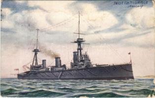 HMS Indefatigable, Royal Navy battlecruiser. Raphael Tuck & Sons Oilette Our Ironclads Series Postcard No. 8644. (EK)