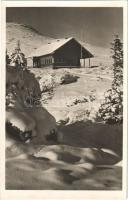 Bodzai-havasok, Muntii Buzaului; A Magyar Sí Klub Anikó menedékháza a Lóhavason. Hensch Aladár felvétele / Hungarian Ski Clubs chalet, tourist house at Podu Calului in winter