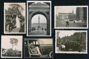 Autók vegyes tétele; különböző időpontokban és eltérő helyszíneken készült 21 db vintage fotó, 6x6 cm és 18x24 cm között