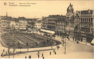 Antwerp, Anvers, Antwerpen; Place de la Gare Centrale, Middenstatieplaats / square, shops, trams, hotel