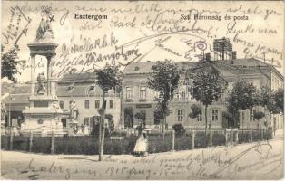 1905 Esztergom, Szentháromság szobor, posta és távirdahivatal, Elektromos Művek üzlet, virágbolt