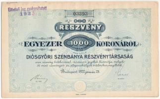 Budapest 1922. Diósgyőri Szénbánya Részvénytársaság részvénye 1000K-ról, bélyegzéssel, szárazpecséttel és szelvényekkel T:I-,II fo.