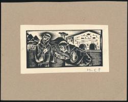 Molnár C. Pál (1894-1981): Szerzetesek. Fametszet, papír, utólagos jelzéssel, kartonra ragasztva, 6,5×12,5 cm