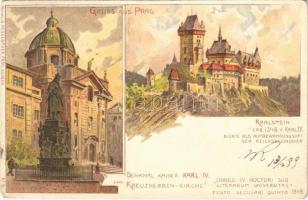 1899 Praha, Prag, Prague; Denkmal Kaiser Karl IV und Kreuzherren-Kirche, Karlstein / monument, church, castle. Verlag G. Neugebauer No. 10. Art Nouveau, litho (EK)