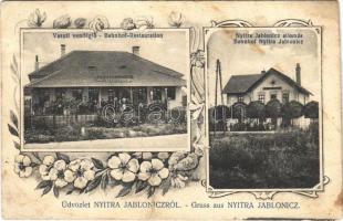 1912 Jablánc, Nyitra-Jablonic, Jablonica; Vasútállomás, vasúti állomási vendéglő / railway station and restaurant. Art Nouveau, floral (fa)