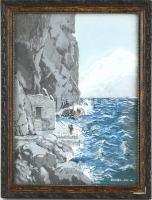 Gonda 1950 VIII. jelzéssel: Vízparti sziklák között. Tempera, karton. Dekoratív, kissé sérült üvegezett fa keretben. 31x22,5 cm
