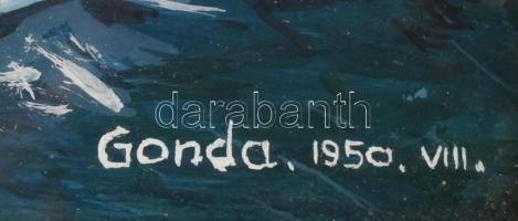 Gonda 1950 VIII. jelzéssel: Vízparti sziklák között. Tempera, karton. Dekoratív, kissé sérült üvegez...