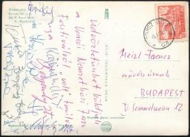 Varsói Nemzetközi Jazz Fesztiválról hazaküldött képeslap, rajta Bergendy István, Toldy Mária, stb. aláírásokkal