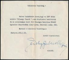 1931 Bp., Zichy Gabriella, az Országos Katolikus Nővédő Egylet alelnökének aláírása levélen