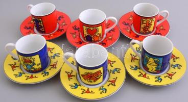 Keith Haring dekorral ellátott német Könitz mokkás készlet, 6 db csésze és alj, matricás, jelzett, hibátlan, h: 5,5 cm / Keith Haring German Könitz china ware set of espresso cup and saucer, 6+6 pcs, marked, in unused, very good condition, h: 5,5 cm