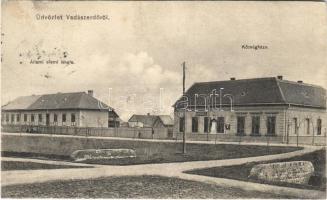 1911 Újszentes, Vadászerdő, Dumbravita, Santesti (Temesvár); állami elemi iskola, községháza. Féhn A. Béla kiadása / school, town hall (r)
