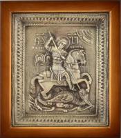 Sárkányölő Szent György modern grúz/orosz fém ikon üvegezett keretben. Parshin Alexander. 24x28 cm