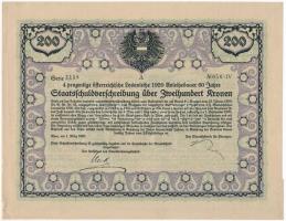 Ausztria / Bécs 1920. 4%-os államadóssági kötvény 200 Koronáról egy szelvénnyel T:I- Austria / Vienna 1920. Staatsschuldverschreibung bond about 200 Corona with one coupon C:AU