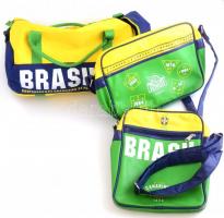 3 db brazil futball válogatott nevével és logóval ellátott, különböző méretű sport és váll táska, kopásnyomokkal