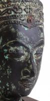 Buddha fej szobor. Patinázott fém, fa talapzaton. 24 cm