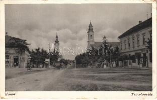 1938 Monor, Templom tér, Hengermalmi liszt nagy raktár, üzletek, autó (EK)