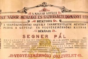 1939 József Nádor Műszaki és Gazdaságtudományi Egyetem által kiállított vegyészmérnöki diploma