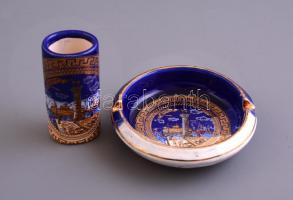 Rhodoszt ábrázoló görög porcelán hamutál és vázácska, matricás, jelzetlen, aranyozással, kopásokkal, m: 7 cm, d: 9 cm