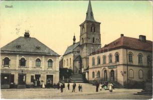 1910 Skutec, Skuc, Skutsch; Hostinec v Panskem Dome / square, church, shop of Jan Pecenka, inn, restaurant (EK)