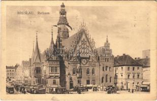 1911 Wroclaw, Breslau; Rathaus / town hall, tram, market, shops (small tear)