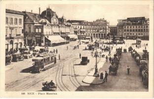 Nice, Nizza; Place Masséna / square, tram with Cinzano advertisement, automobiles, horse-drawn carriages, café, grill room