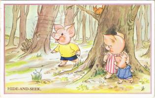 1952 Pigs playing hide-and-seek. Childrens Comic Postcard 1198. (EK)