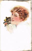 1918 Lady with cat, art postcard s: Usabal (EK)