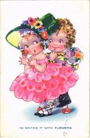 1930 Im saying it with flowers Children art postcard, romantic couple