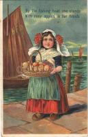 By the fishing boat she stands with rosy apples in her hands Children art postcard. Emb. litho (EK)