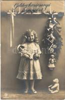 1913 Boldog Karácsonyi Ünnepeket! / Christmas greeting with girl and toys (EK)