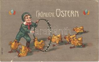 1922 Fröhliche Ostern / Easter greeting art postcard, boy with chickens. Emb. litho (szakadás / tear)