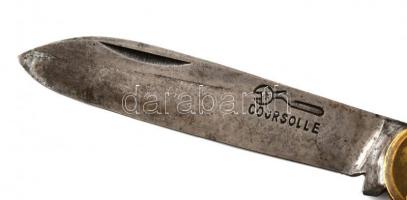 Réznyelű zsebkés, teniszező és bokszoló díszítéssel, h: 20 cm