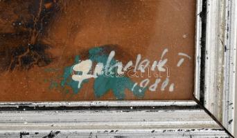 Olvashatatlan jelzéssel: Színes táj alakokkal. Olaj, karton. Üvegezett, kissé sérült fa keretben. 50...