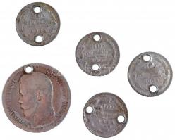 Orosz Birodalom 1896. 50k Ag "II. Miklós" + 1904-1914. 10k Ag (4x) mind lyukasztva! T:3 ph...