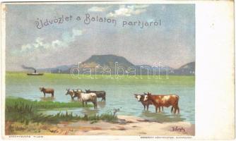Balaton, Üdvözlet a partról! Badacsony és szarvasmarha itatás. Werbőczy könyvnyomda, litho s: Telegdy (felszíni sérülés / surface damage)
