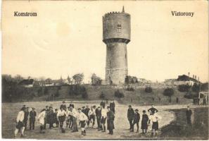 1921 Komárom, Komárnó; víztorony, foci meccs, labdarúgók. Vasúti levelezőlapárusítás 4979. / water tower, football match, sport