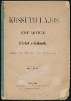 1869 Kossuth Lajos két levele felelet sokaknak. (Megjelent a M. Ujság jan. 1, 16, és 17-ik számaiban. Pest, 1869, Noséda Gyula, 38 p. Első kiadás. A címlapja sérült, kissé szakadozott lapszélekkel, a hátsó lap szakadt, sarkán hiánnyal.   Kossuth Lajos (1802-1894) 1868. dec. 24-én és 1869. jan. 11-én kelt levelei a kiegyezést bírálják. Ritka!