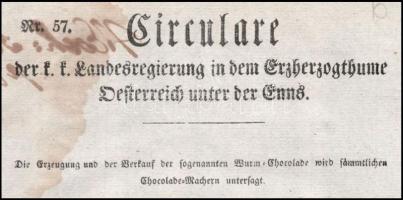 1835 Bécs, Osztrák Főhercegség által kibocsátott körlevél olyan összetevőjű csokoládé kibocsátásának...