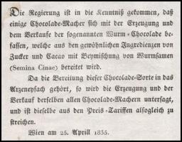 1835 Bécs, Osztrák Főhercegség által kibocsátott körlevél olyan összetevőjű csokoládé kibocsátásának...